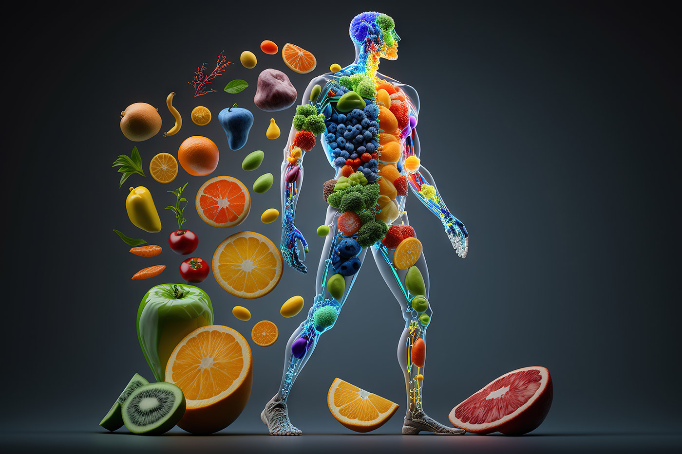 Silhouette eines Menschen, die mit verschiedenem Obst und Gemüse gefüllt ist